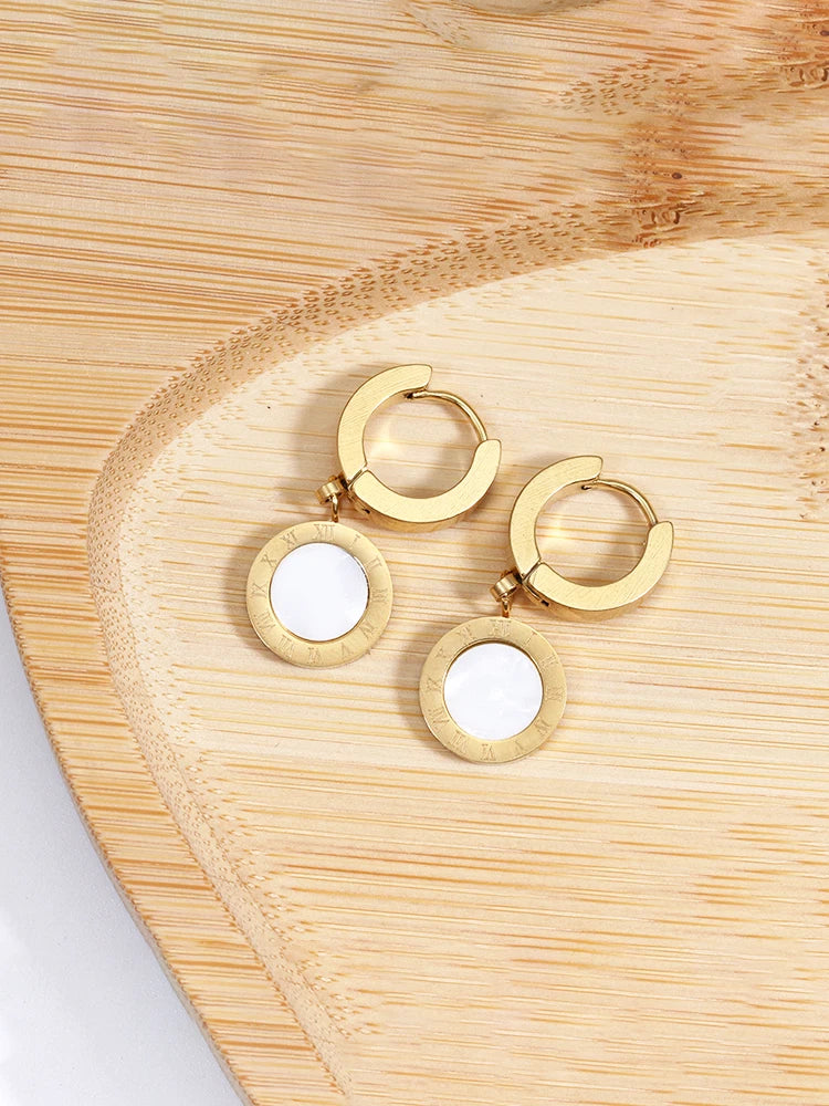 Stainless steel Roman numerals Black and white shell hoops earrings Drop studs Engagement wedding earrings for women