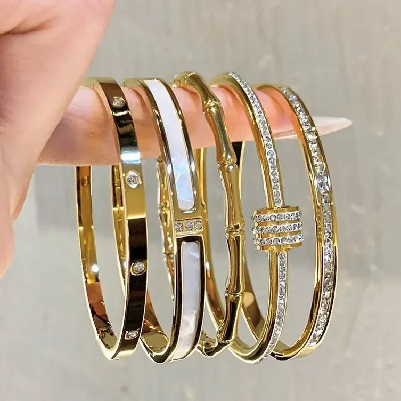 ✨ Luxury Gold Zircon Bangle - Classic Stainless Steel Bracelet for Women