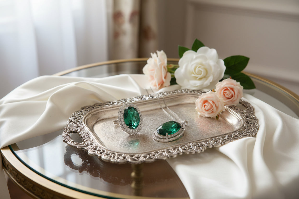 Royal Queen Inspired Emerald Jewelry Set – 12 Carat Lab Emerald Crystal Ring & Necklace | 925 Silver