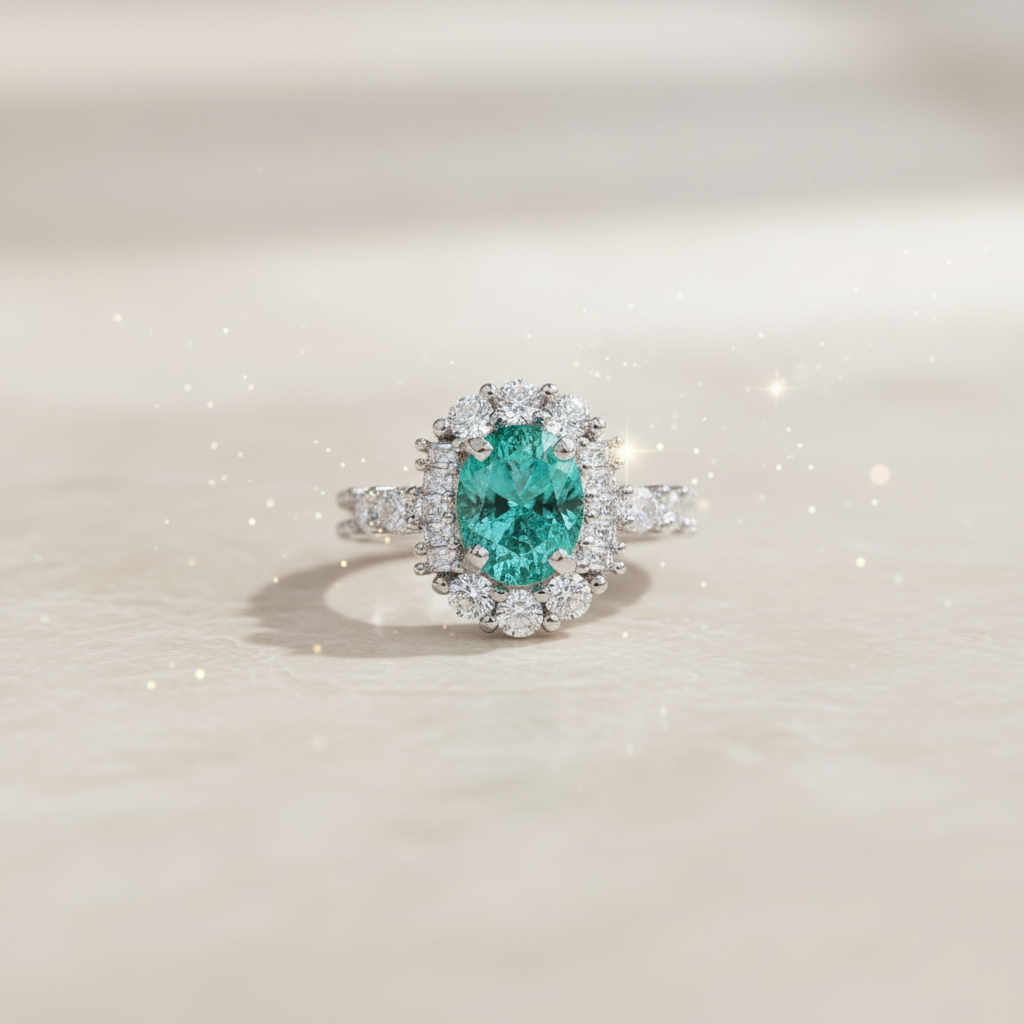 Emerald ring with diamond accents in a fantasy forest setting with mushrooms and butterflies.