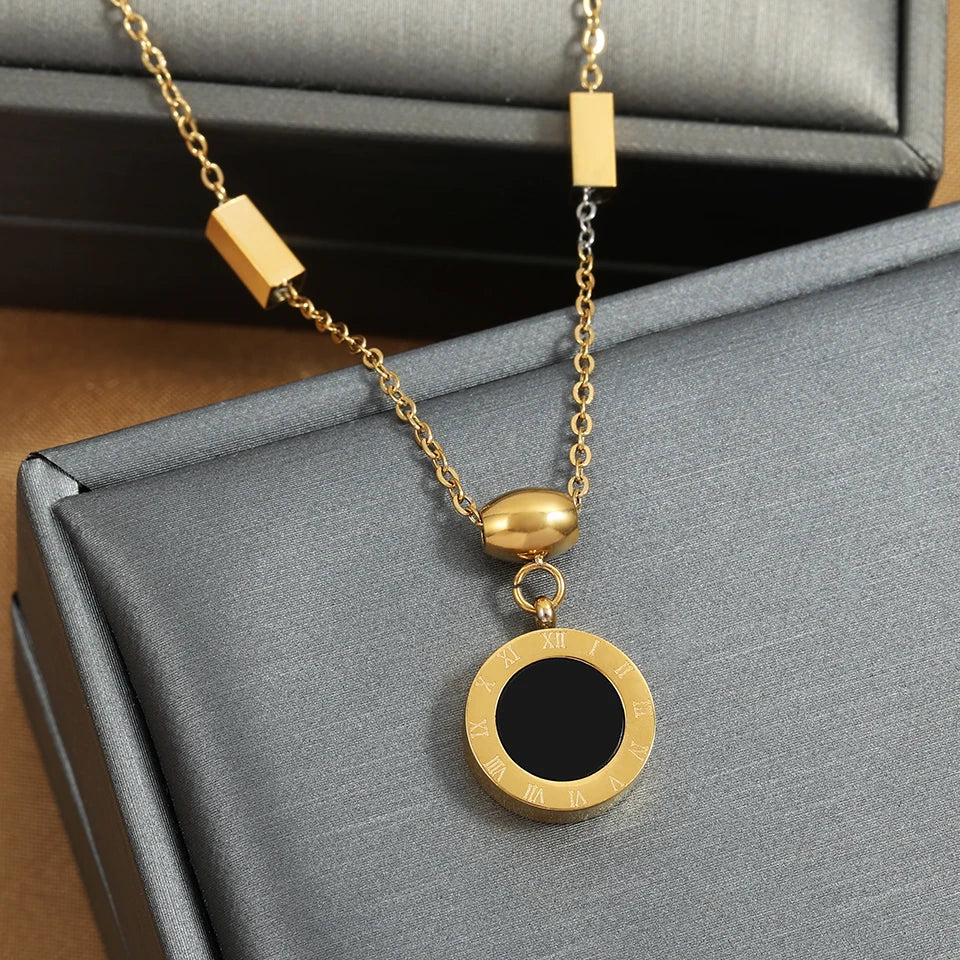 Roman Numeral Wafer Pendant Necklace | Stainless Steel Choker for Women