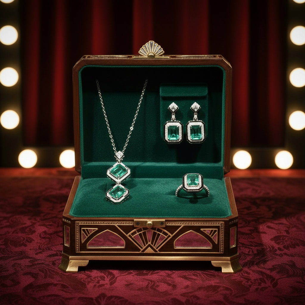 Jewelry set including a necklace, earrings, and ring in a decorative box with a red curtain background.