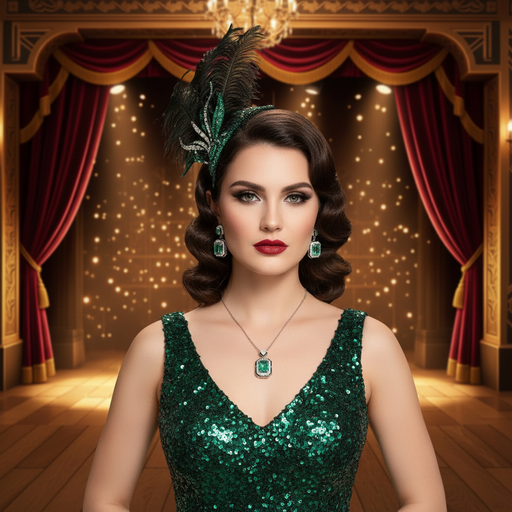 Woman in a green sequin dress with jewelry in a theater setting