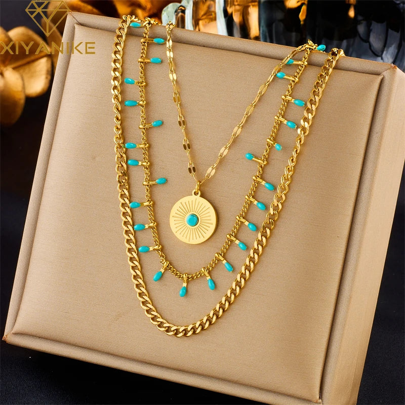 Cleopatra 316L Stainless Steel Golden Necklace – Triple Chain Circle Pendant for Women