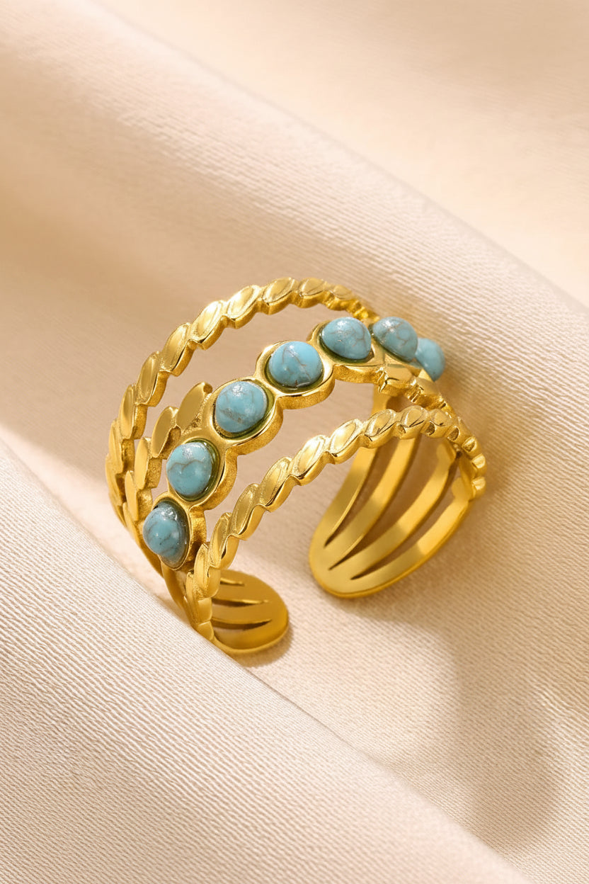 Cleopatra Inspired Boho Blue Natural Stone Ring | Gold Stainless Steel Adjustable Ring for Women