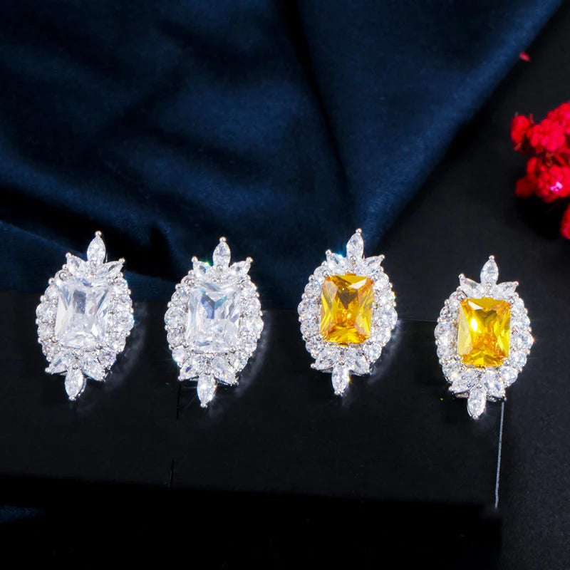 Lady Gaga Inspired Yellow Canary Cubic Zirconia Square Stud Earrings and Necklace Set for Women
