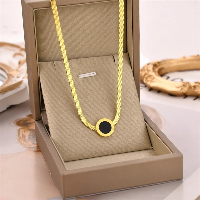 Roman Numeral Wafer Pendant Necklace | Stainless Steel Choker for Women