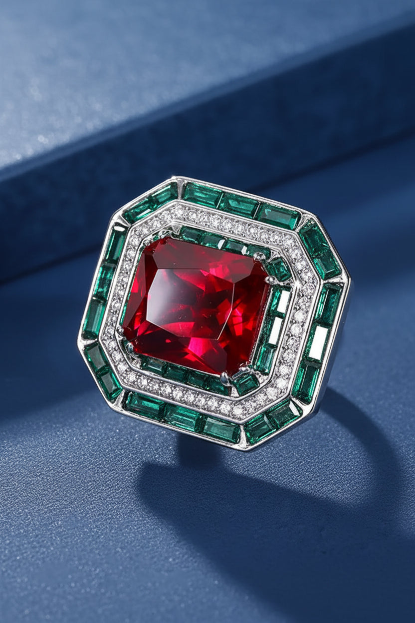 Vintage Ruby & Emerald Gemstone Ring | Lab Diamond Wedding Band | Celebrity Inspired Fine Jewellery