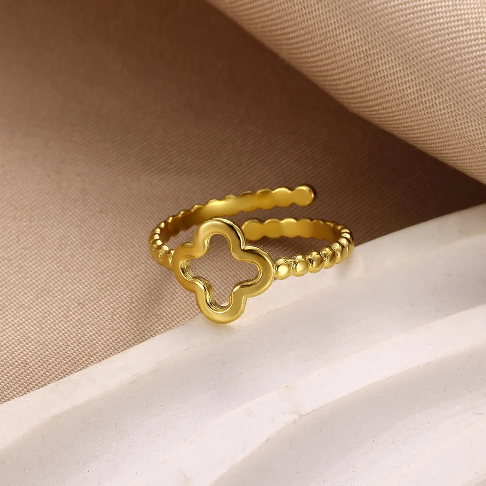 Minimalist Four Leaf Clover Stainless Steel Open Rings for Women Gold Color Aesthetic Wedding Couple Ring Jewelry Accessories
