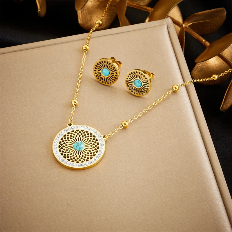 Cleopatra Inspired Turquoise Leaves Gold Necklace & Earrings Set
