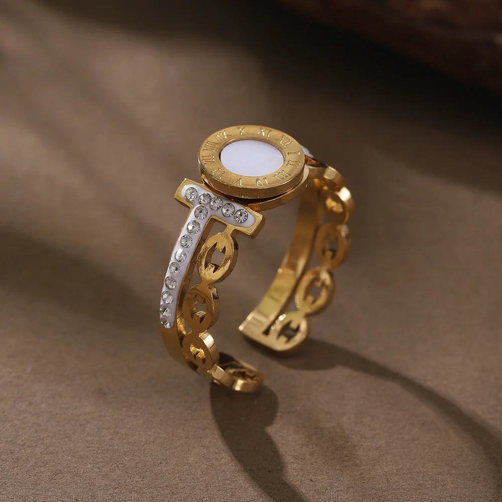 Gold Geometric Ring - Stainless Steel Rhinestone Open Ring | Adjustable Statement Jewellery