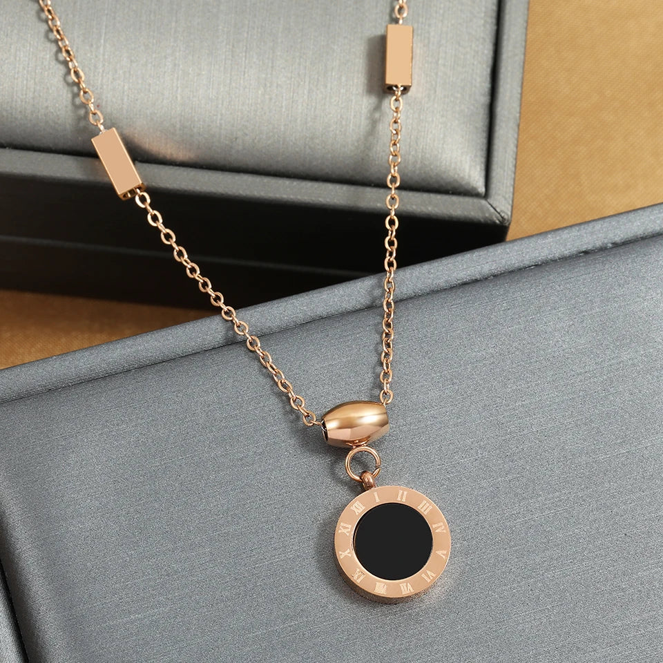 Roman Numeral Wafer Pendant Necklace | Stainless Steel Choker for Women