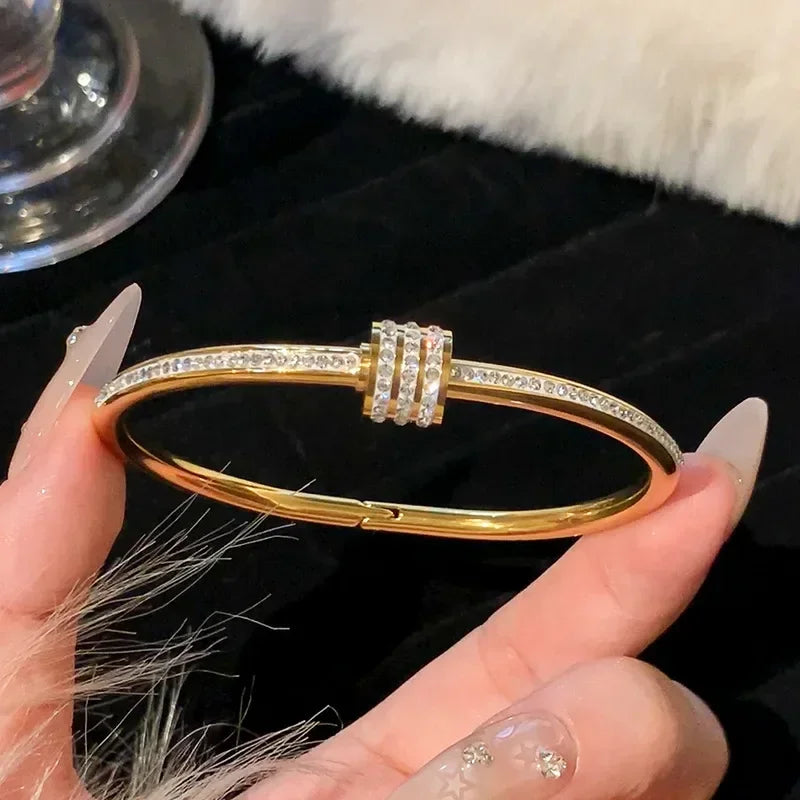 ✨ Luxury Gold Zircon Bangle - Classic Stainless Steel Bracelet for Women