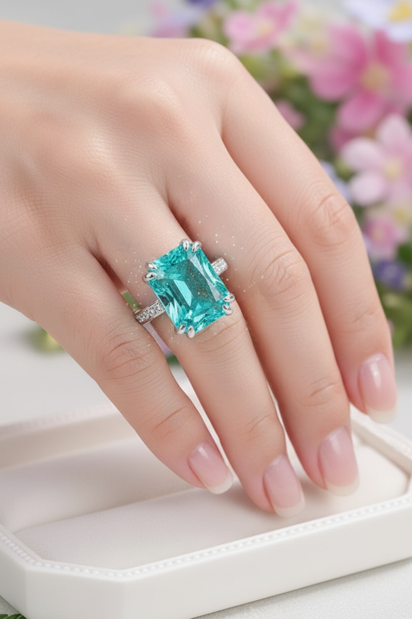 Turquoise gemstone ring held by a hand against a neutral background