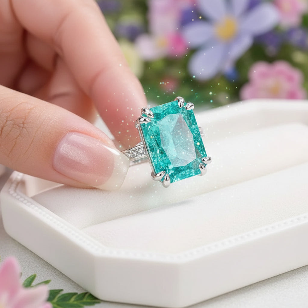 Enchanted Ocean Princess Ring 925 Silver Plated Exquisite Blue Green Moissanite Ring Fire Sparkling Luxury Open Ring Female Party Birthday Jewelry Gift