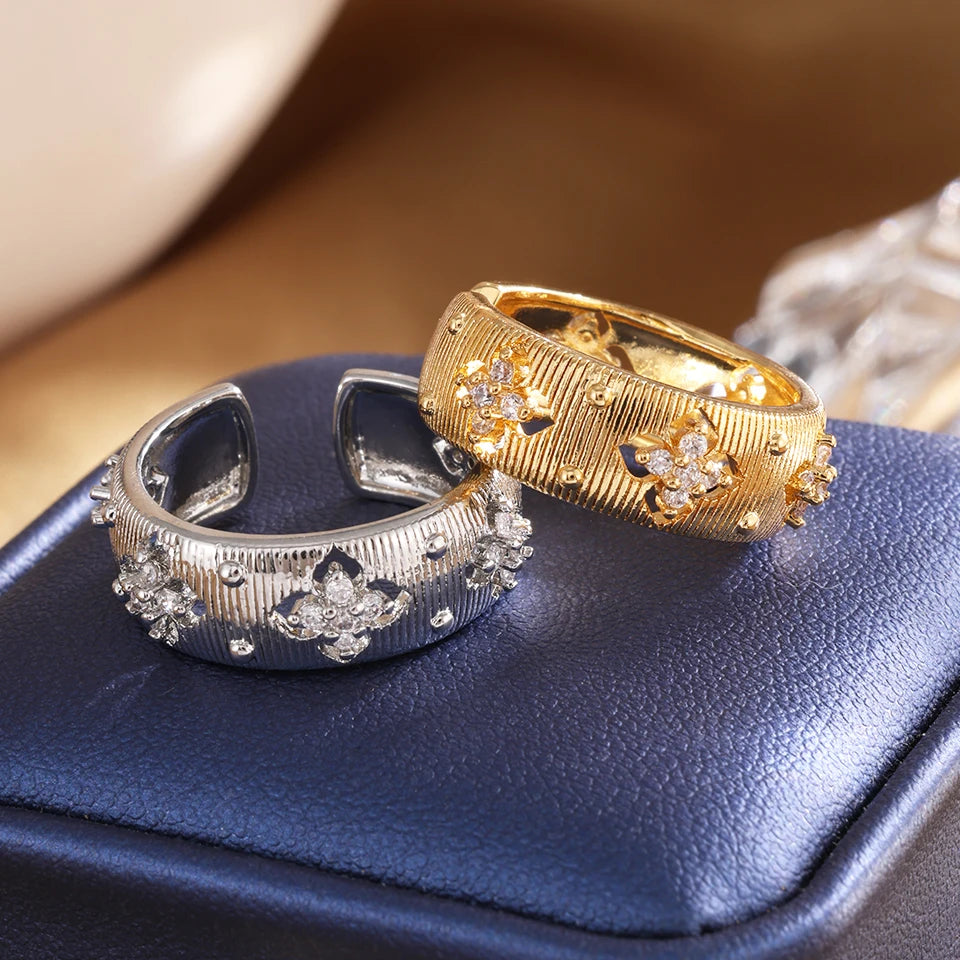 Four-leaf Flower Zircon Open Ring for Women Vintage Gold Color Couple Rings Luxury Jewelry Gift