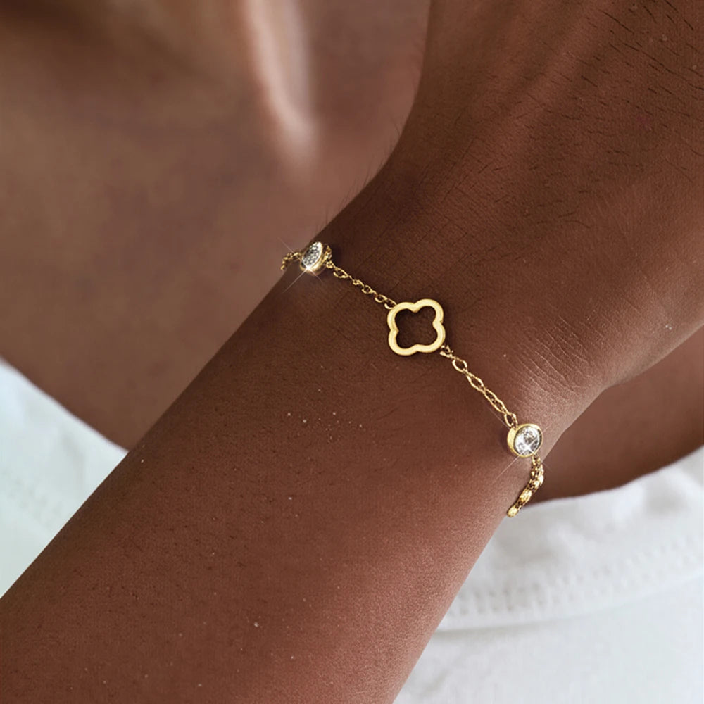 Lucky Clover Bracelet - Stainless Steel Crystal Charm Bracelet for Women