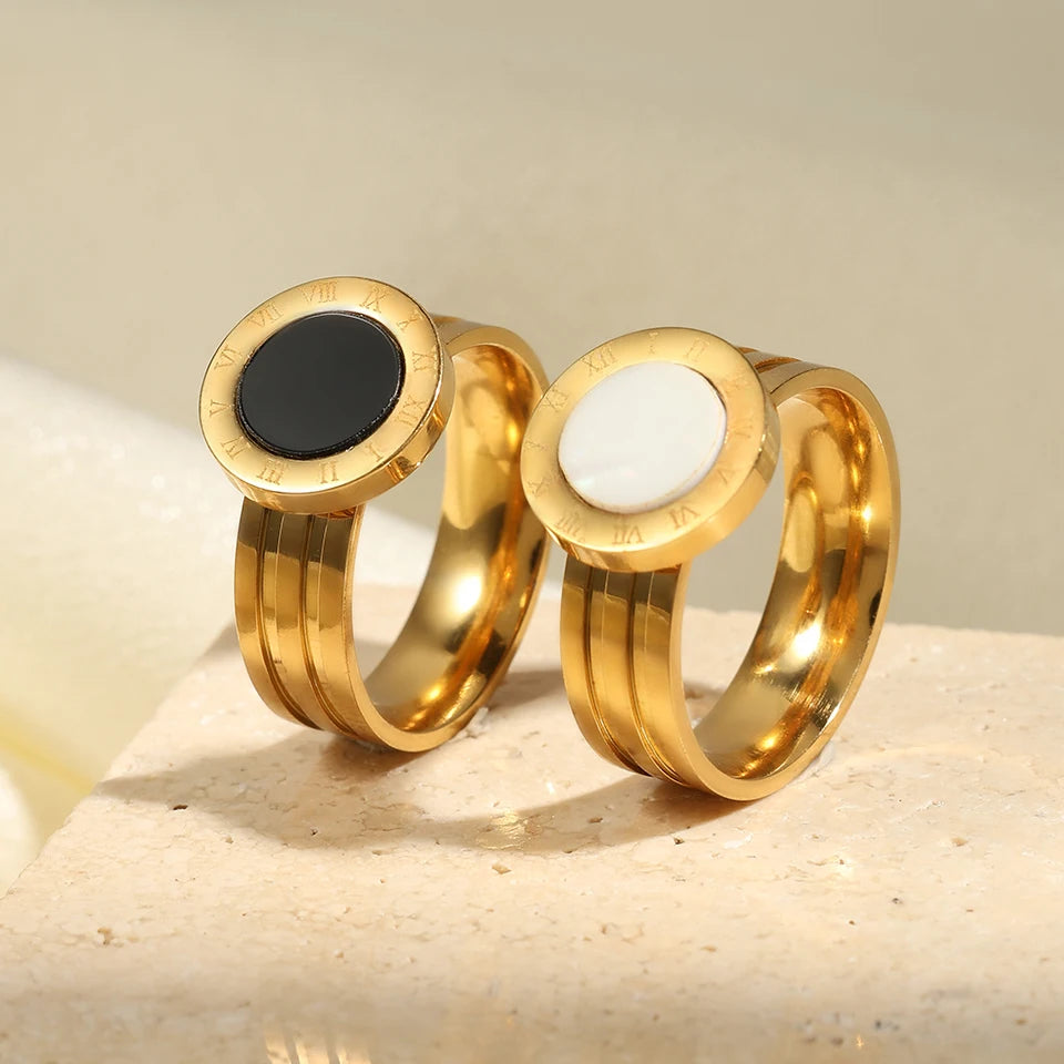 Yupsk 2Pcs 316L Stainless Steel Ring For Women Roman Numerals Acrylic Shells Casual Finger Rings Jewelry Gifts for Couples