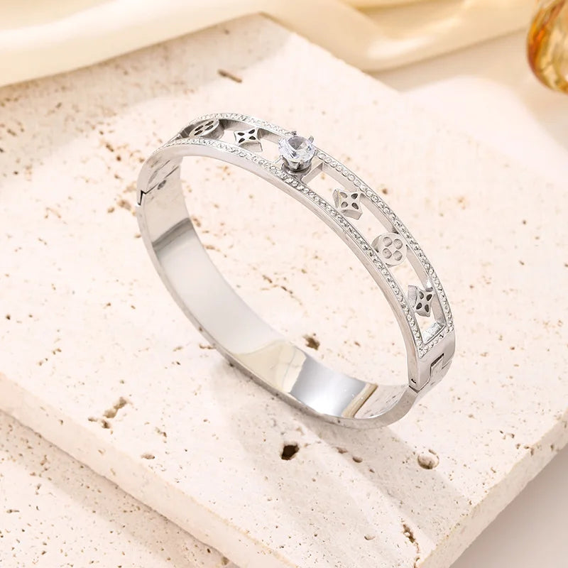 Heart CZ Bangle  Unisex Stainless Steel Cuff Bracelet for Women & Men