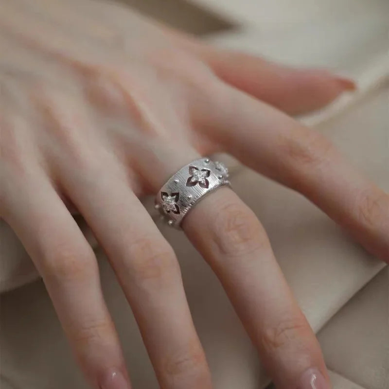 Four-leaf Flower Zircon Open Ring for Women Vintage Gold Color Couple Rings Luxury Jewelry Gift