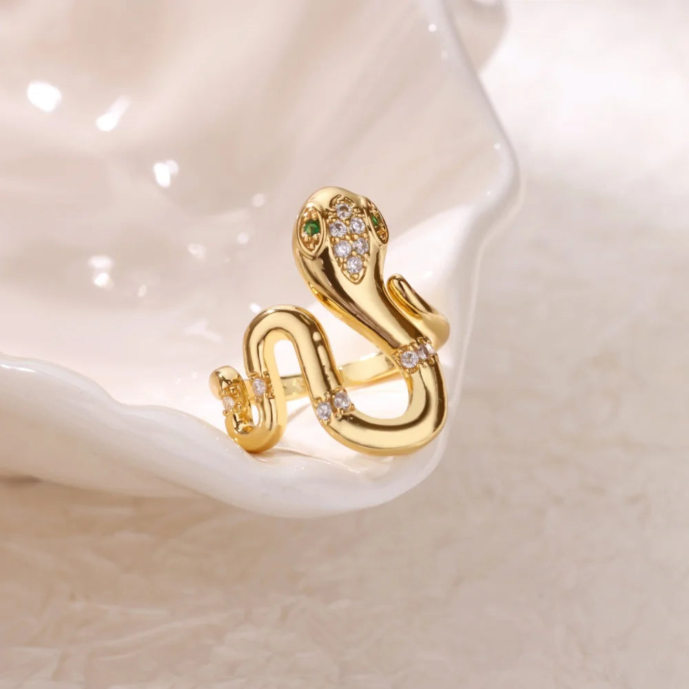 Green Zircon Eye Snake Rings For Women Men Gold Color Stainless Steel Open Adjustable Finger Ring Vintage Gothic Jewelry Gift