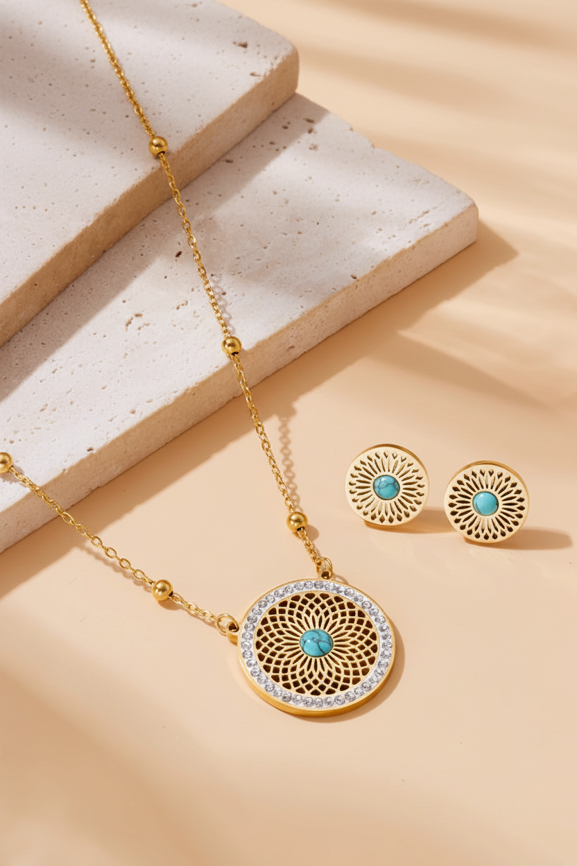 Cleopatra Inspired Turquoise Leaves Gold Necklace & Earrings Set