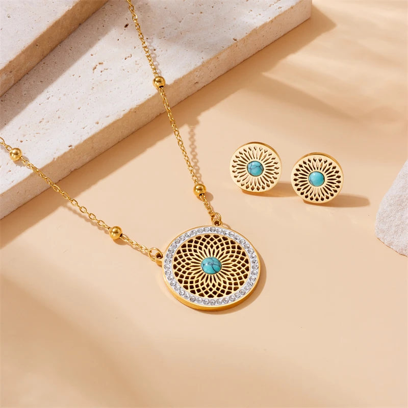 Cleopatra Inspired Turquoise Leaves Gold Necklace & Earrings Set