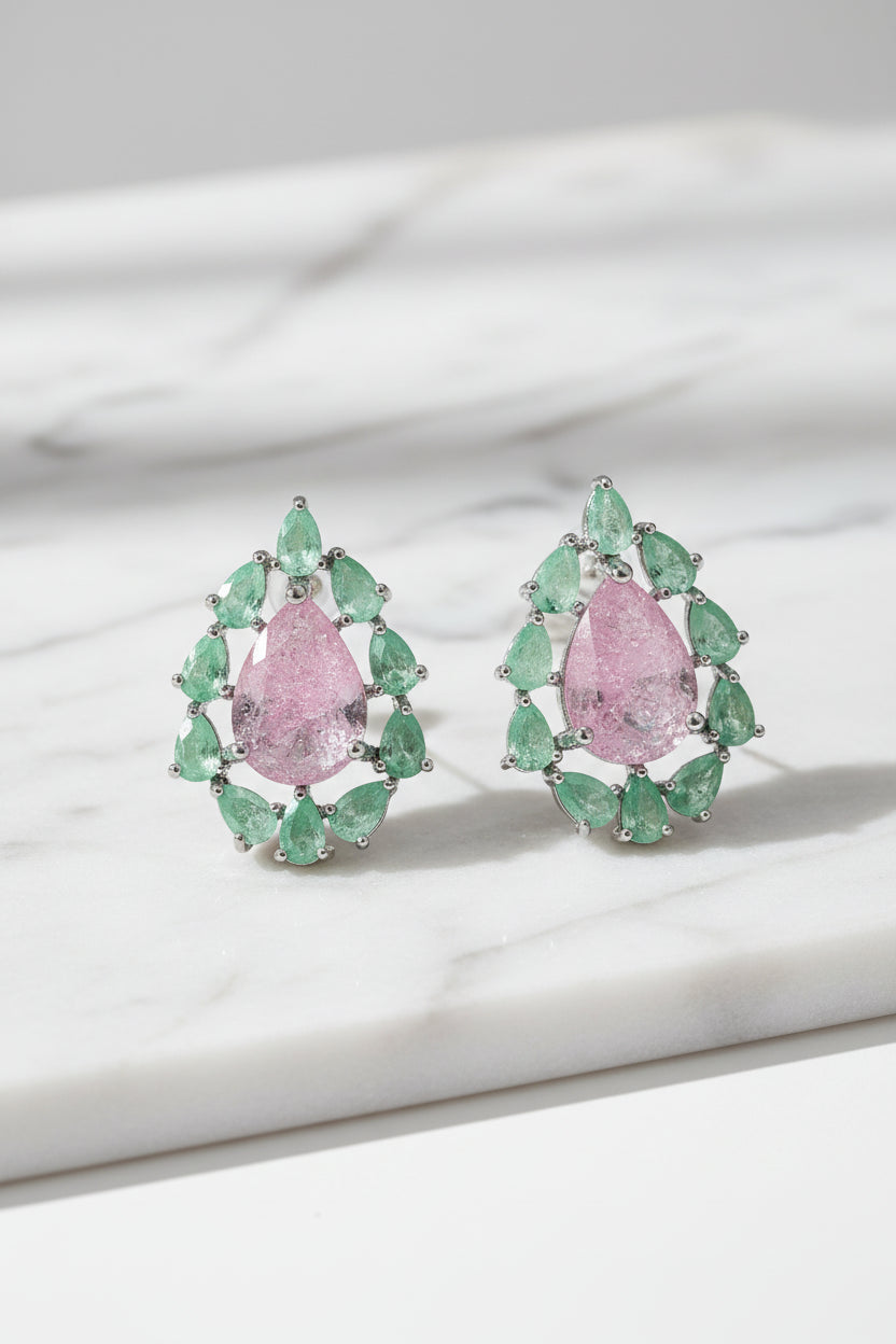 Double color Fusion gems Cubic Zirconia Pink and Green Stud Earring for Women