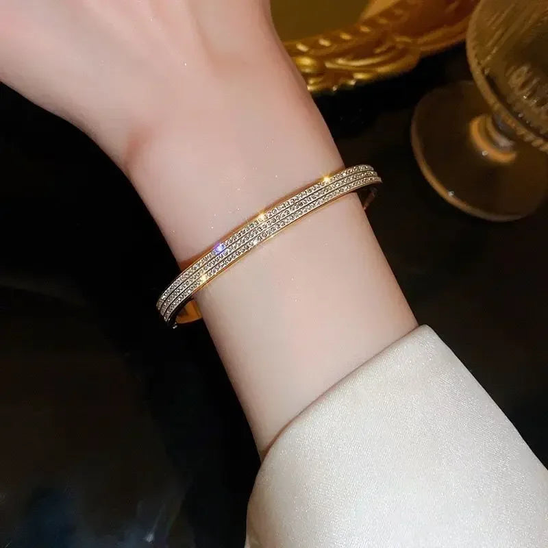 ✨ Luxury Gold Zircon Bangle - Classic Stainless Steel Bracelet for Women