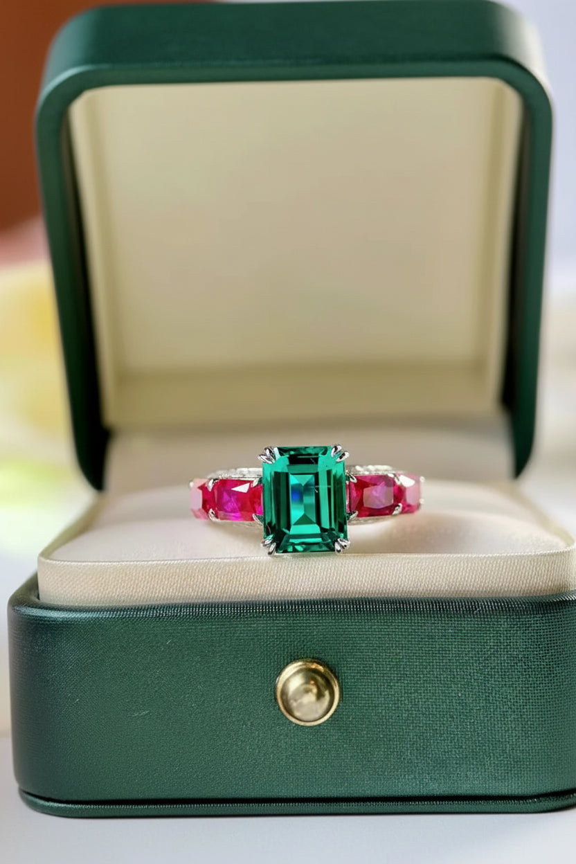 New Vintage Two Tone Lab Emerald Luxury Wedding Band Ring  Princess Cut  Delicate Engagement Ring Finger Jewelry