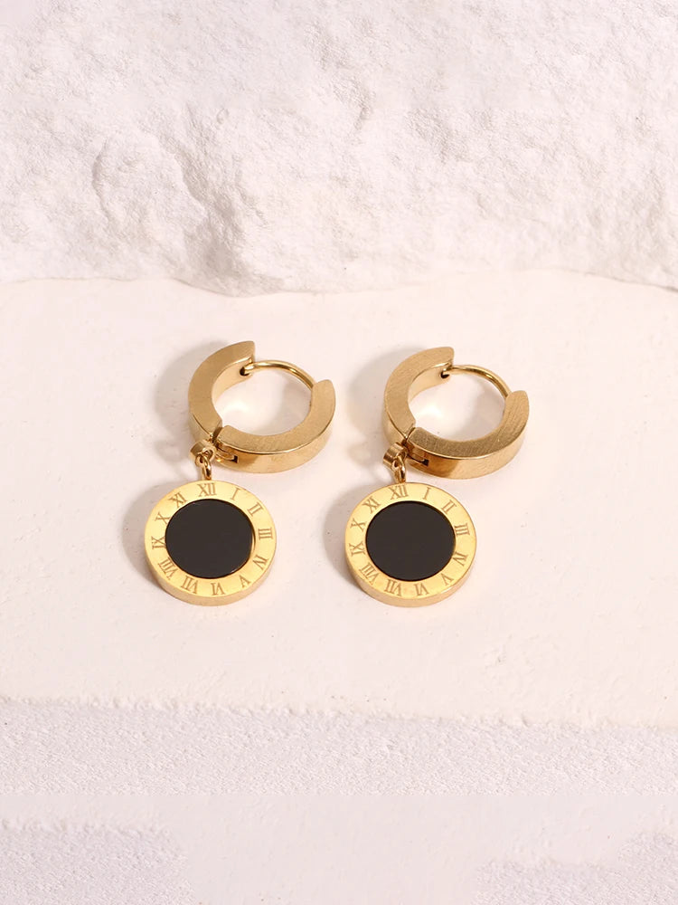 Stainless steel Roman numerals Black and white shell hoops earrings Drop studs Engagement wedding earrings for women