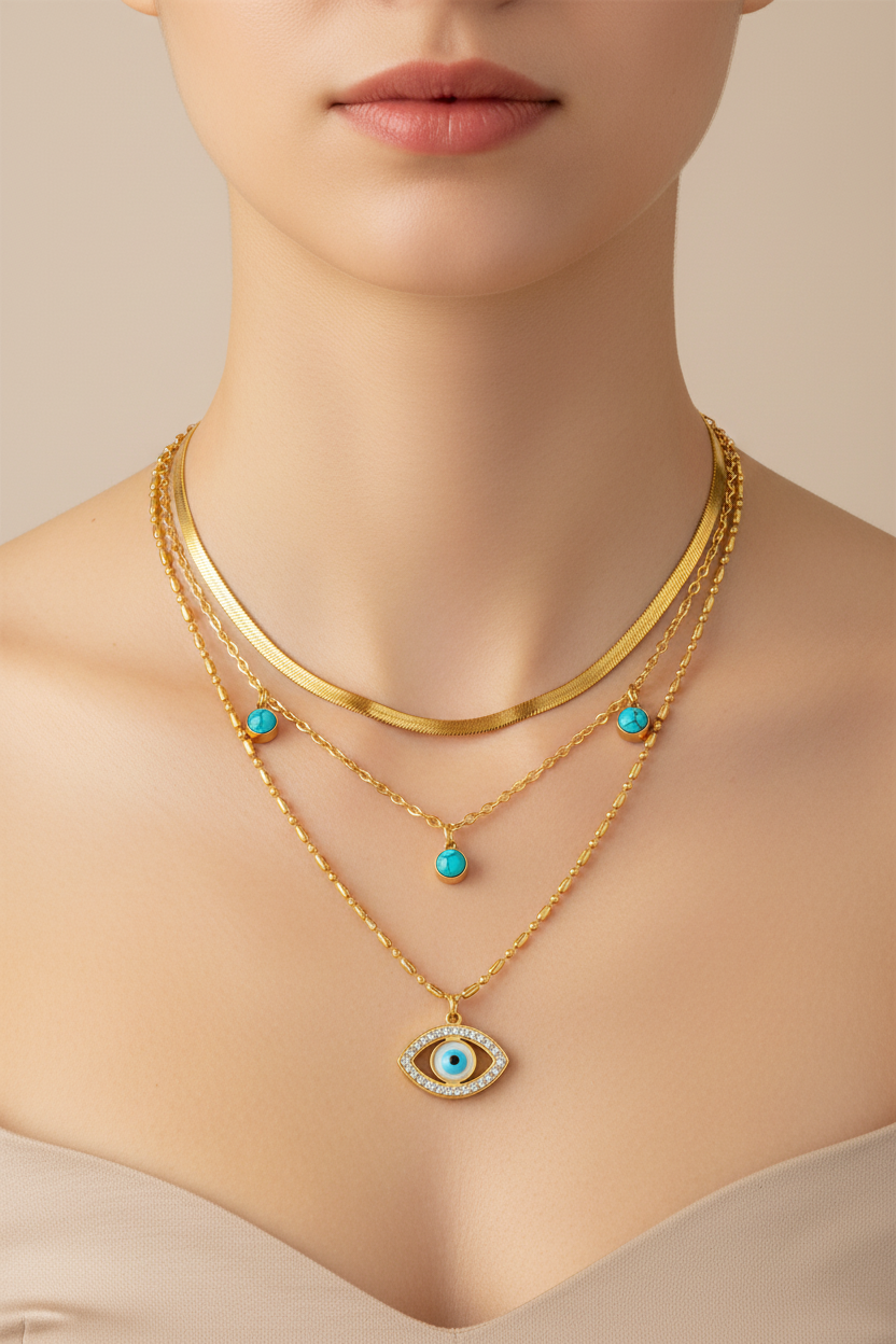 Cleopatra inspired Jewelry Stainless Steel Lock Blue Eyes Pendant Necklace For Women New Multilayer Choker Chain Jewelry Gifts