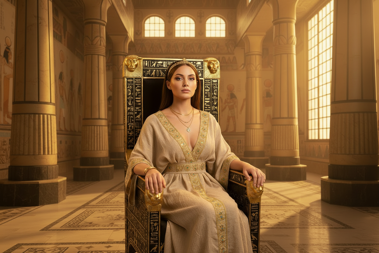 Cleopatra's jewelry inspired a woman in a white dress sitting on an ornate throne in a grand hall with Egyptian-style decorations 