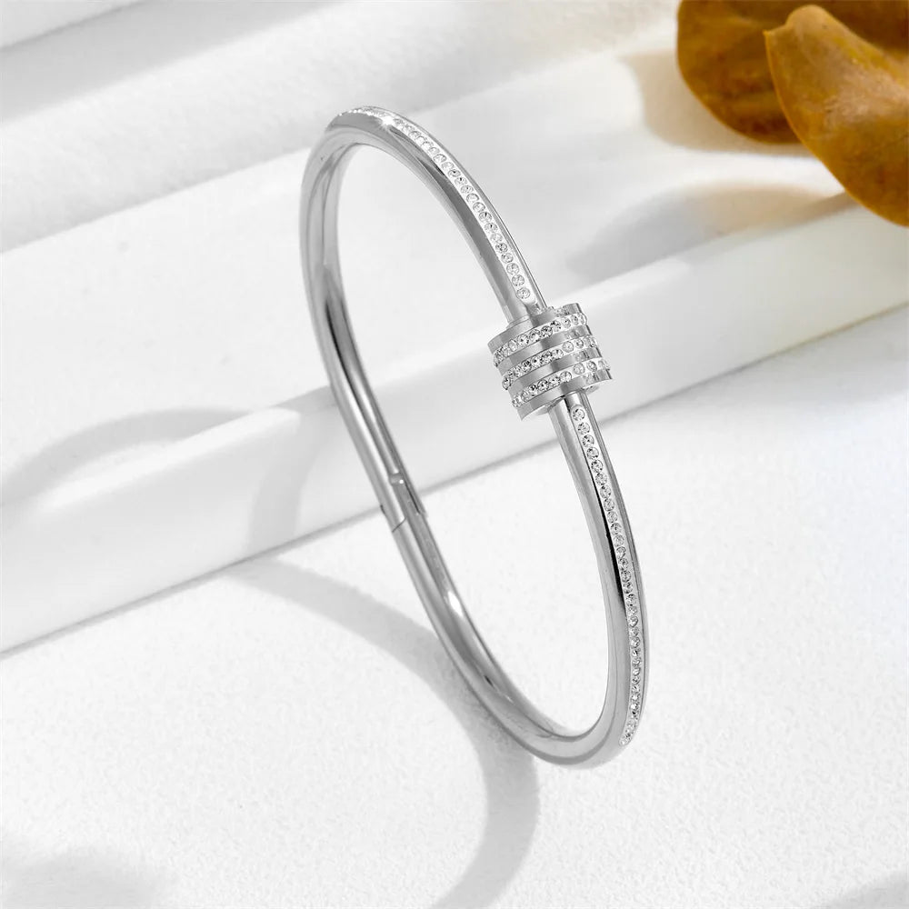 Heart CZ Bangle  Unisex Stainless Steel Cuff Bracelet for Women & Men