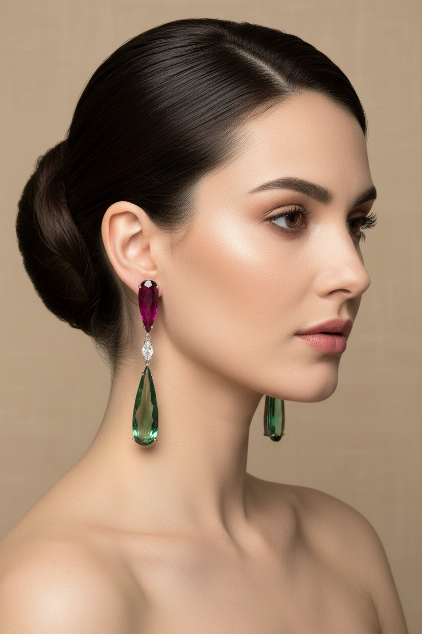 Luxury Green and pink rubi Drop Shape Boho Earrings for Women Fashion Engagement Jewelry Long Purple Stone Dangle Earrings