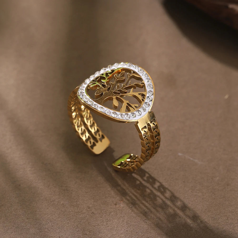 Gold Geometric Ring - Stainless Steel Rhinestone Open Ring | Adjustable Statement Jewellery