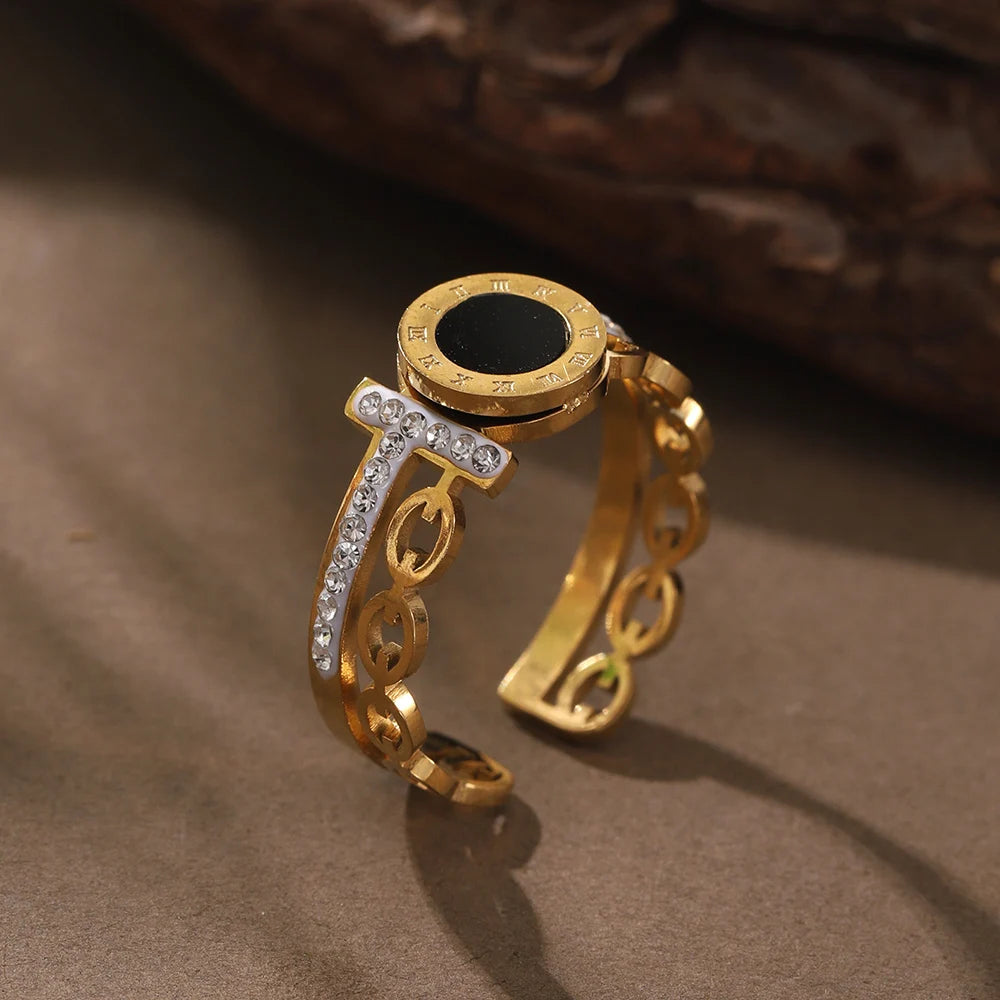 Gold Geometric Ring - Stainless Steel Rhinestone Open Ring | Adjustable Statement Jewellery
