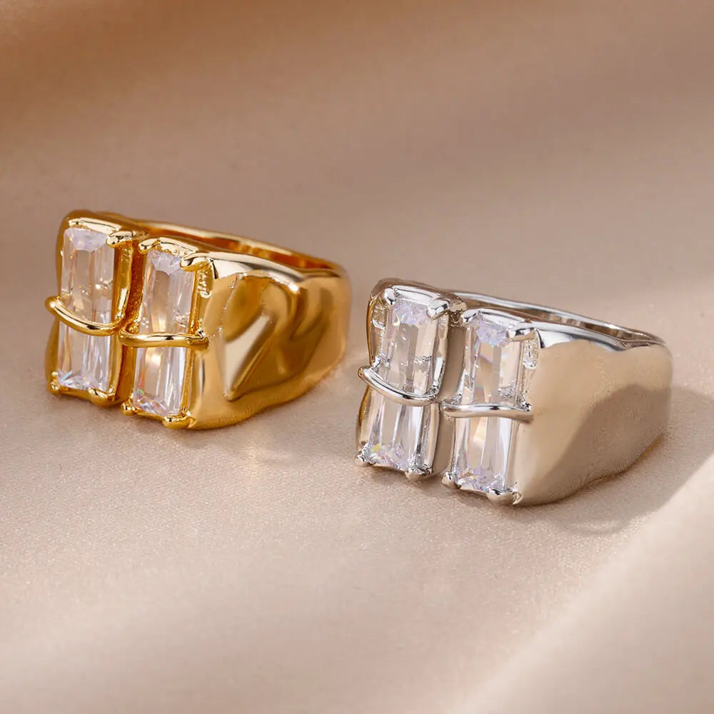 Geometric Irregular Square Zircon Ring For Women Stainless Steel Gold Plated Opening Ring Wedding Party Fashion Jewerly Gift Free Shipping