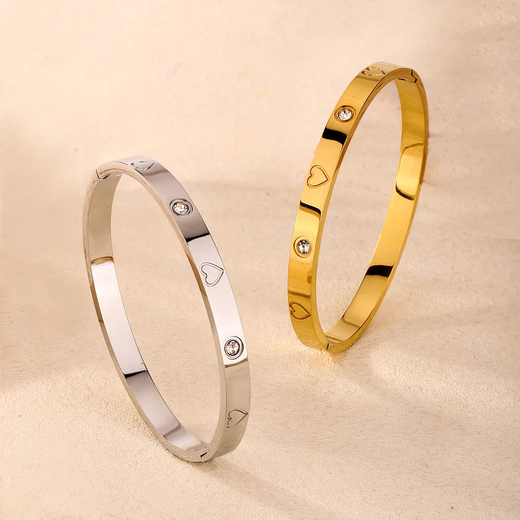 Heart CZ Bangle  Unisex Stainless Steel Cuff Bracelet for Women & Men