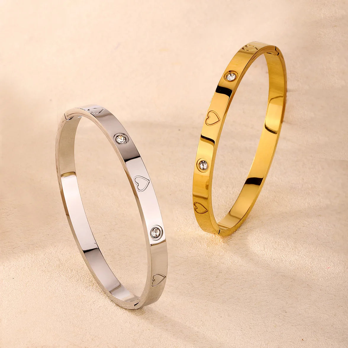 Heart CZ Bangle  Unisex Stainless Steel Cuff Bracelet for Women & Men