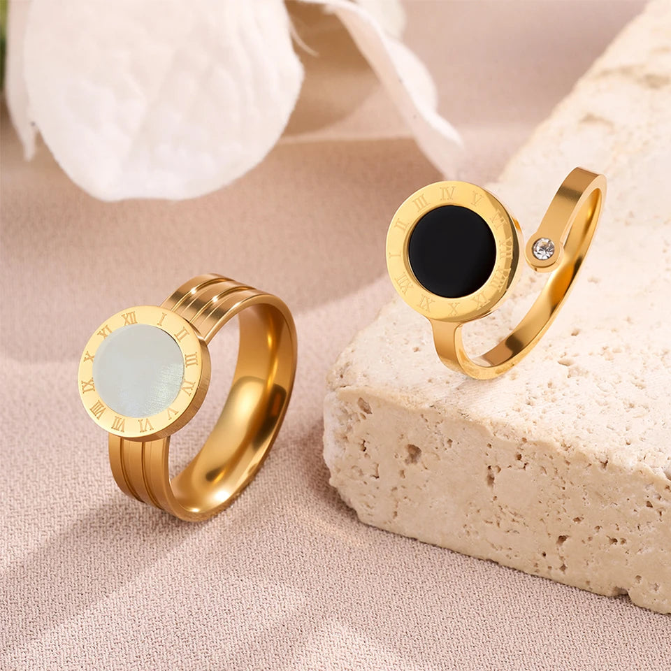 Yupsk 2Pcs 316L Stainless Steel Ring For Women Roman Numerals Acrylic Shells Casual Finger Rings Jewelry Gifts for Couples