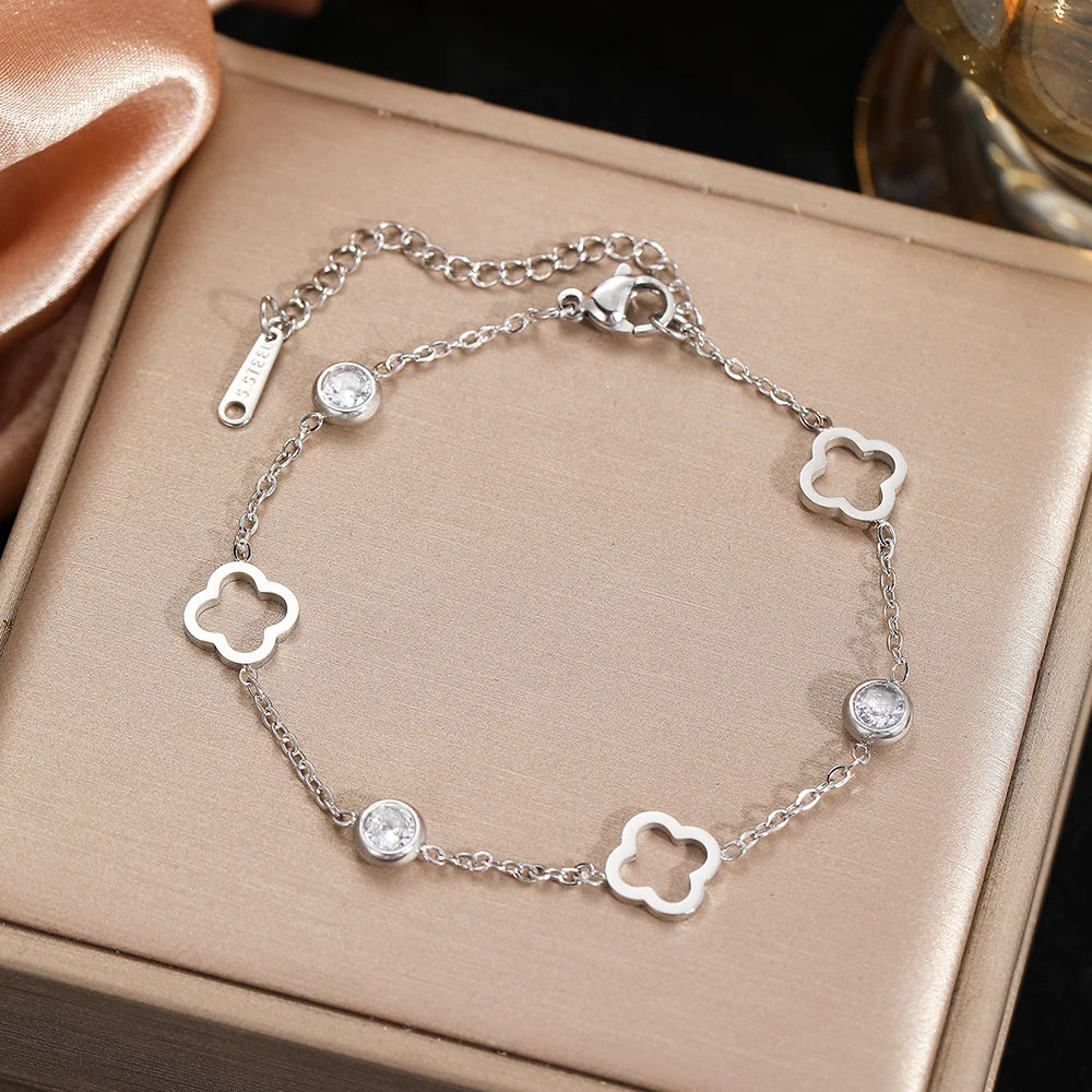 Lucky Clover Bracelet - Stainless Steel Crystal Charm Bracelet for Women