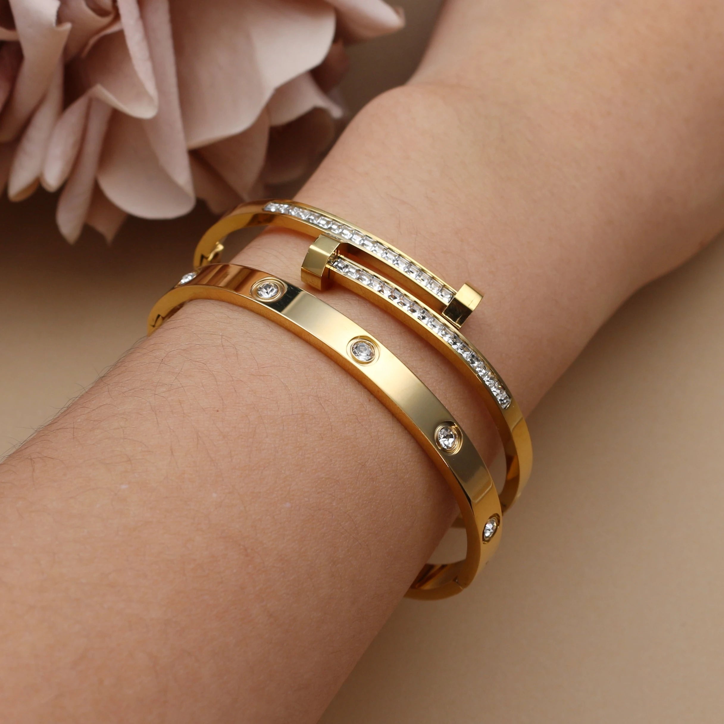 Gold Crystal Stacking Bangle | Stainless Steel Zircon Bracelet for Women