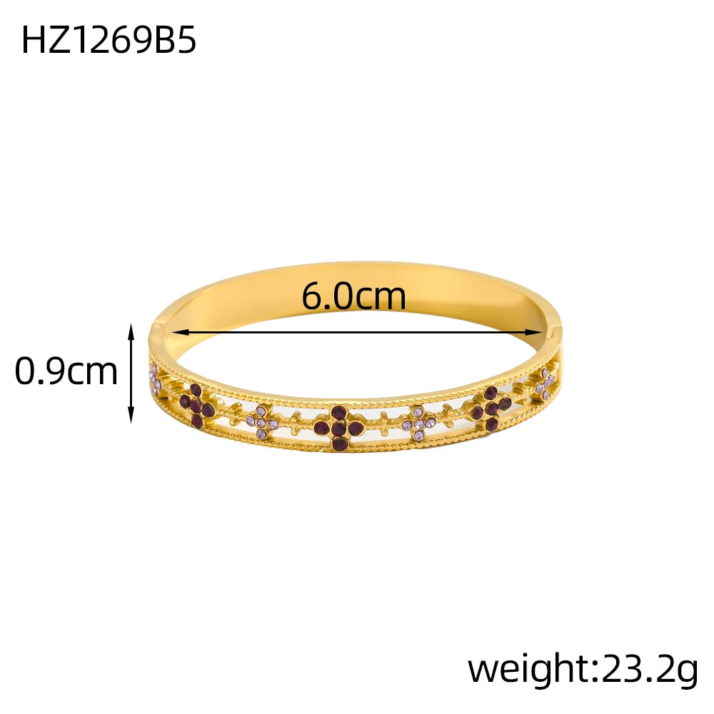 Luxury Bangles Popular Stainless Steel Trendy High Quality Inlaid With Full Zircon Gold Plated Clover Four-leaf Shape Bangles