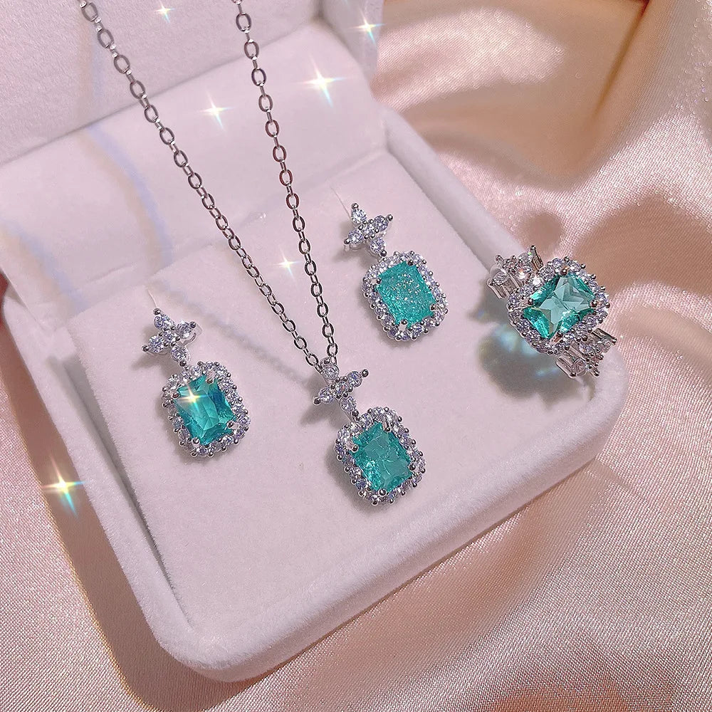 Frozen Princess-Inspired Ice Crystal Paraiba Jewelry Set – Necklace, Ring & Earrings | Lady Daisy