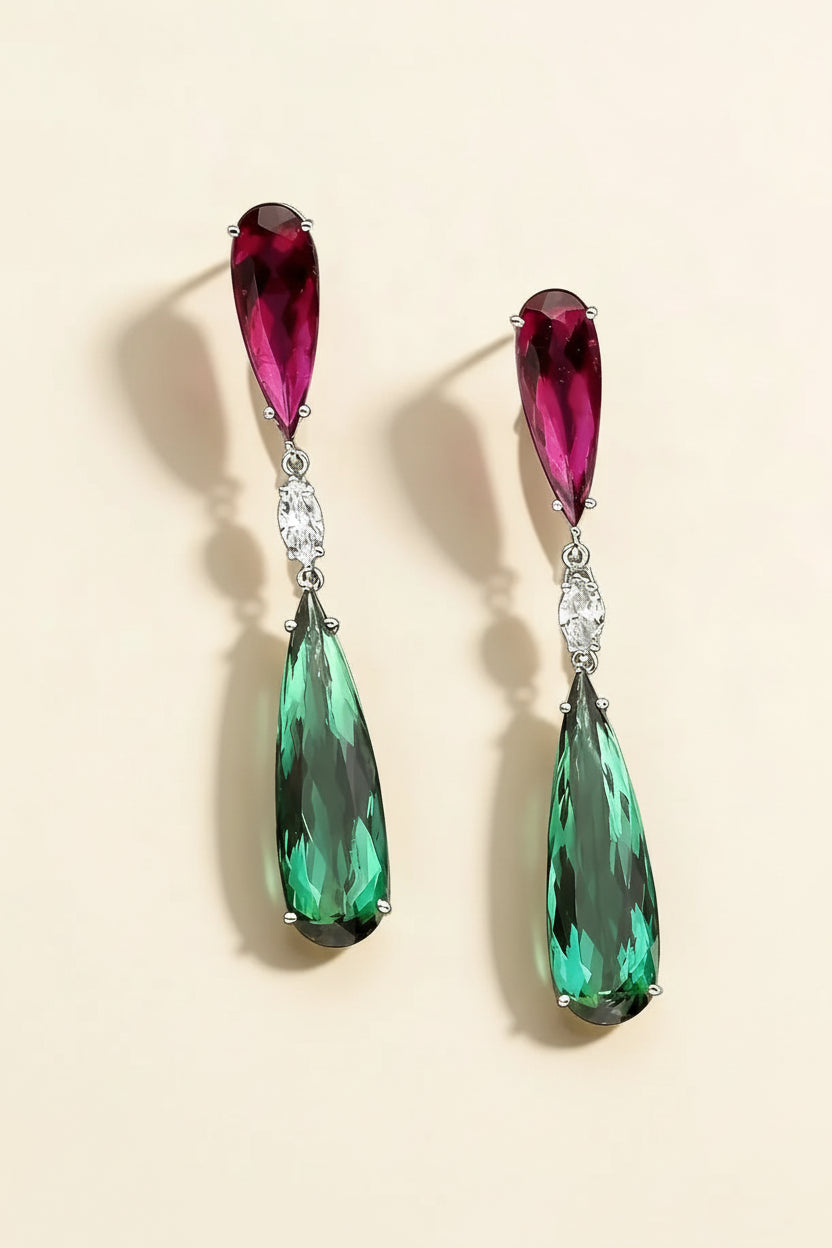Luxury Green and pink rubi Drop Shape Boho Earrings for Women Fashion Engagement Jewelry Long Purple Stone Dangle Earrings