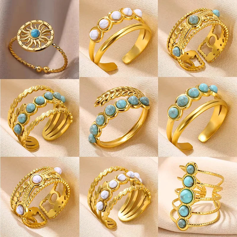 Cleopatra Inspired Boho Blue Natural Stone Ring | Gold Stainless Steel Adjustable Ring for Women