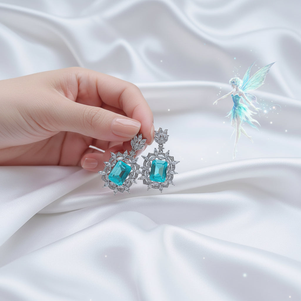 Luxury  Zircon Square Paraiba Tourmaline  Crystal Blue  Earrings