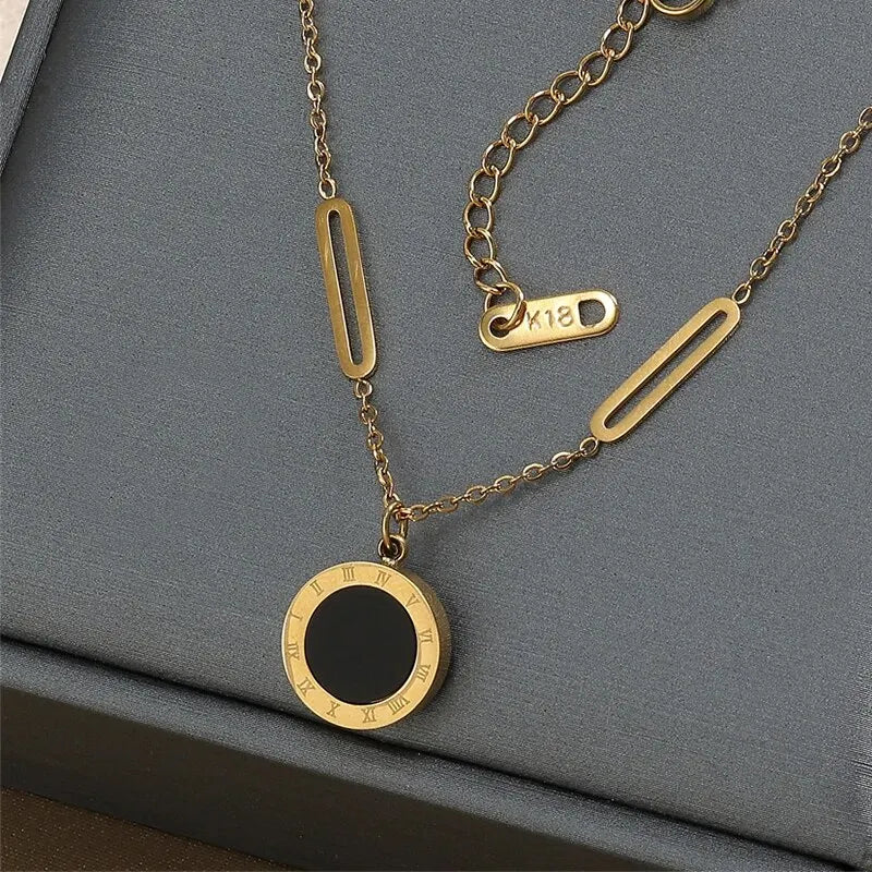 Roman Numeral Wafer Pendant Necklace | Stainless Steel Choker for Women