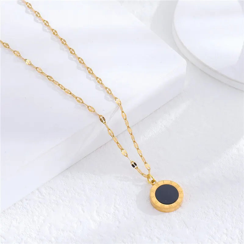 Roman Numeral Wafer Pendant Necklace | Stainless Steel Choker for Women